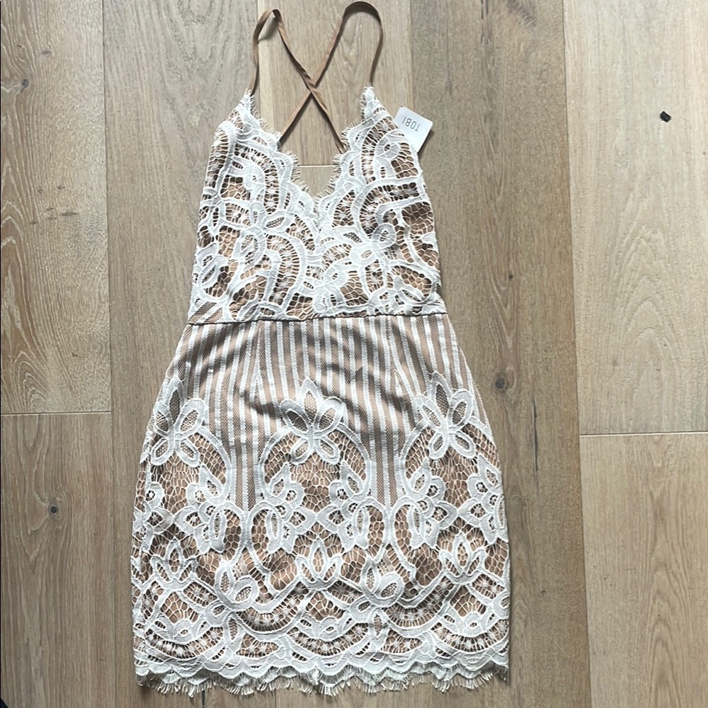 Tobi Tan and Cream Strappy Lace Dress